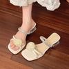 Summer Floral Crystal Rhinestone Square Head Sandals Women's Outdoor Wear PU Material Korean Sle Anti-Slip mid Heel Slippers