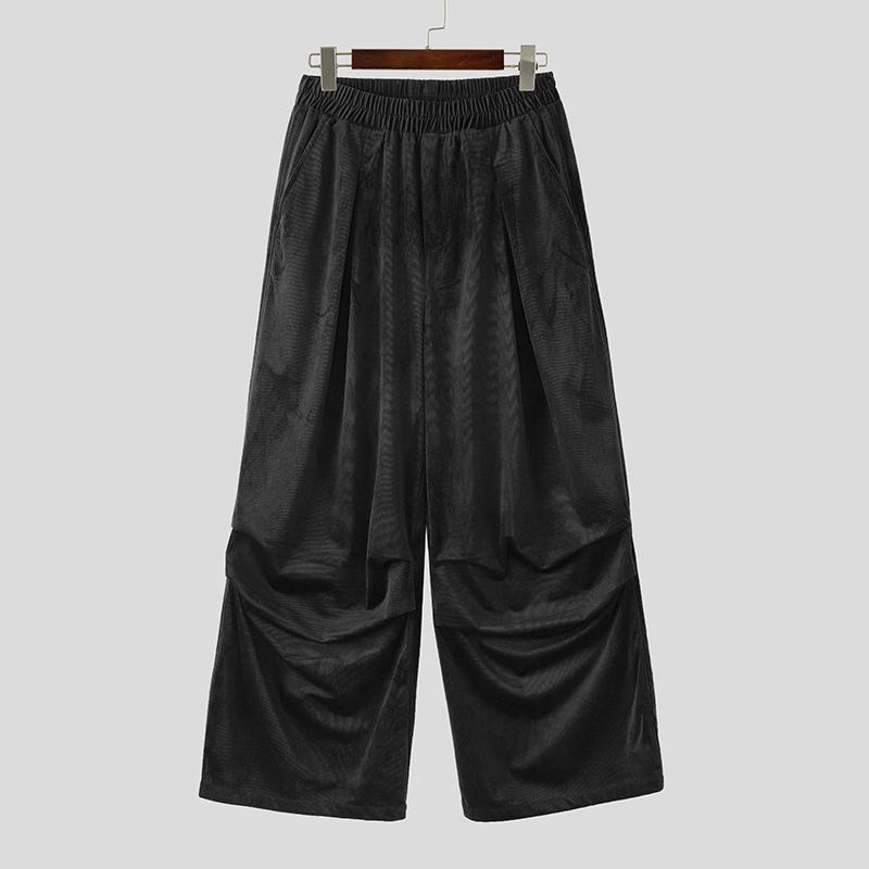 

INCERUN Мужские брюки с эластичной талией, однотонные, текстурированные, повседневные, широкие штанины 2XL чёрный