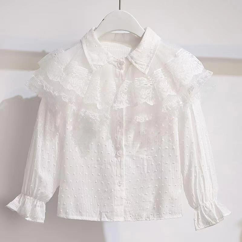 Biela čipkovaná košeľa s dlhým rukávom s mašľou v štýle Lolita pre dievčatá: Kórejský štýl, Všestranný, Sladký na jar a jeseň