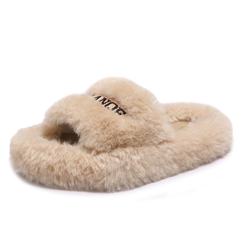 

Lamb plush slippers women s high-end spring and autumn casual versatile home thick bottom embroidered one-word fluffy slippers 40 хакі