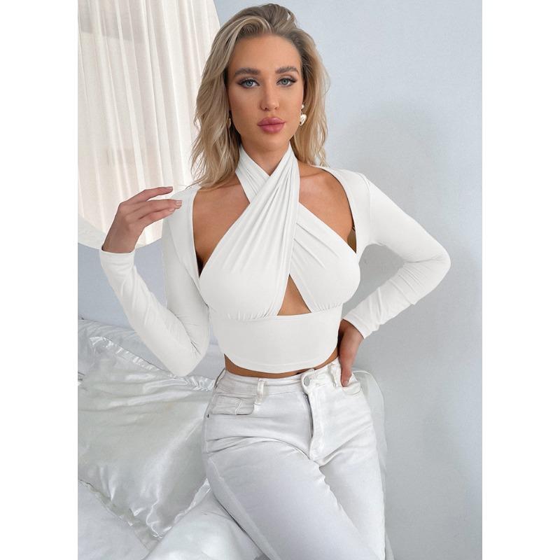

Женская сексуальная футболка с длинным рукавом и вырезом-крестом M белый