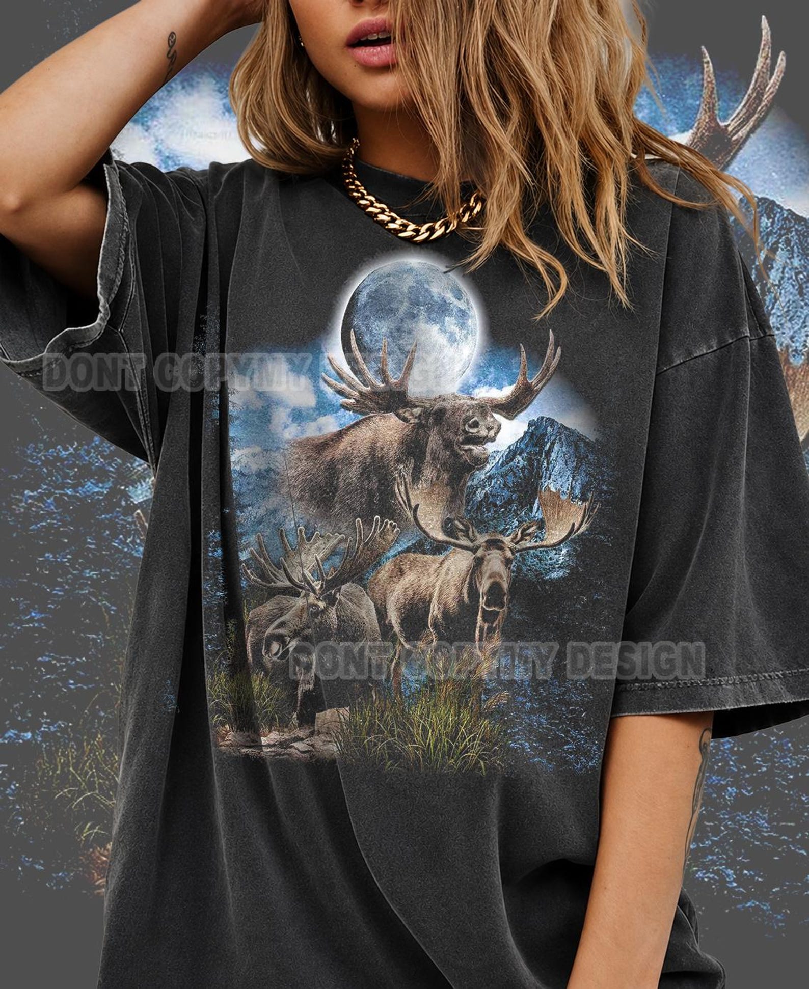 Moonlit Moose Shirt, Wildlife Nature Graphic Tee, Vintage Forest Animal Shirt, Outdoor Adventure T Shirt 2XL