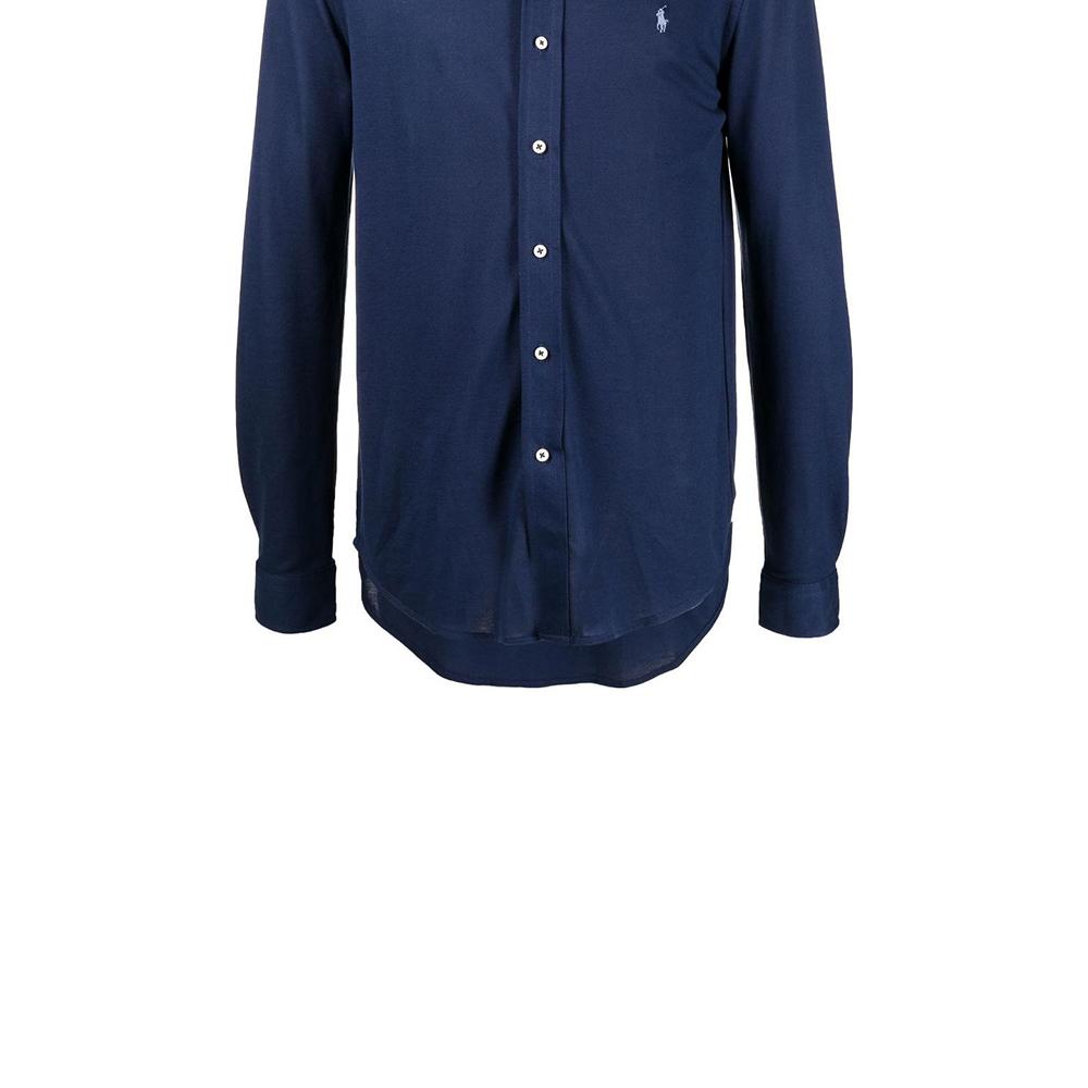 Polo Ralph Lauren Ss22 Solid Color Logo Embroidered Polo Collar Single-Breasted Long Sleeve Shirt Men Shirts Deep-Blue 710865356-003