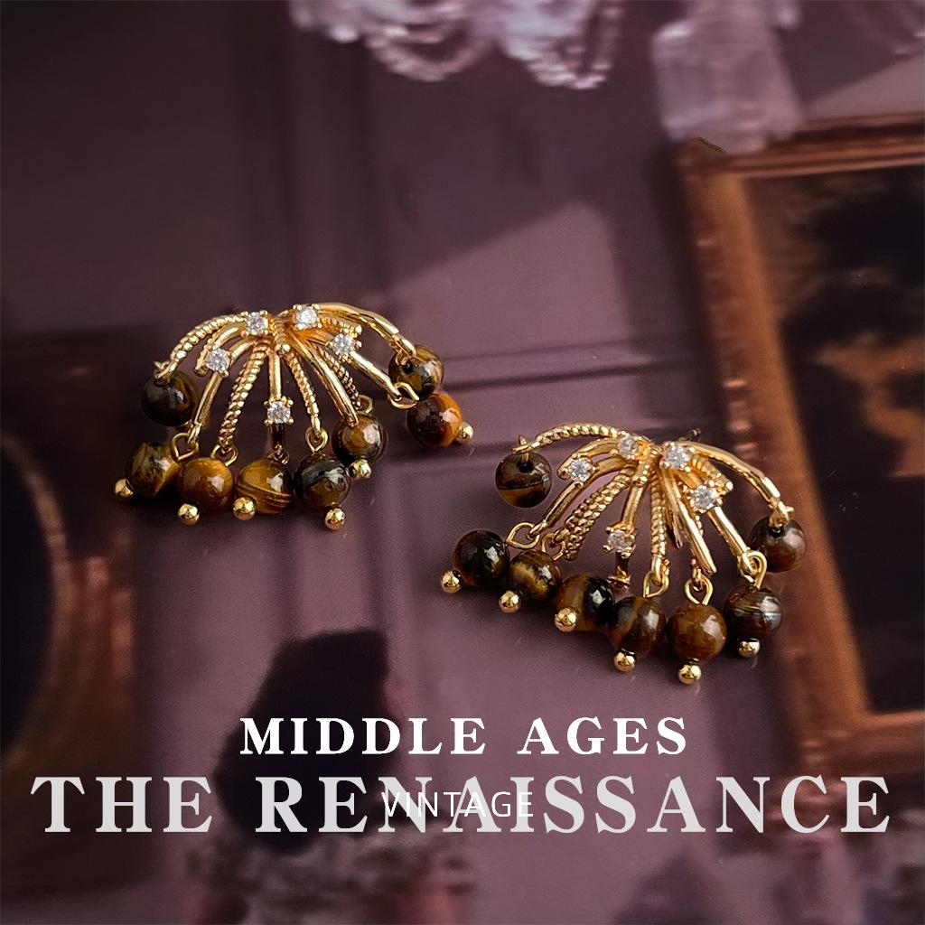 Серьги в стиле Майяра с геометрическим камнем тигровый глаз и цирконом, ретро серьги в этническом стиле