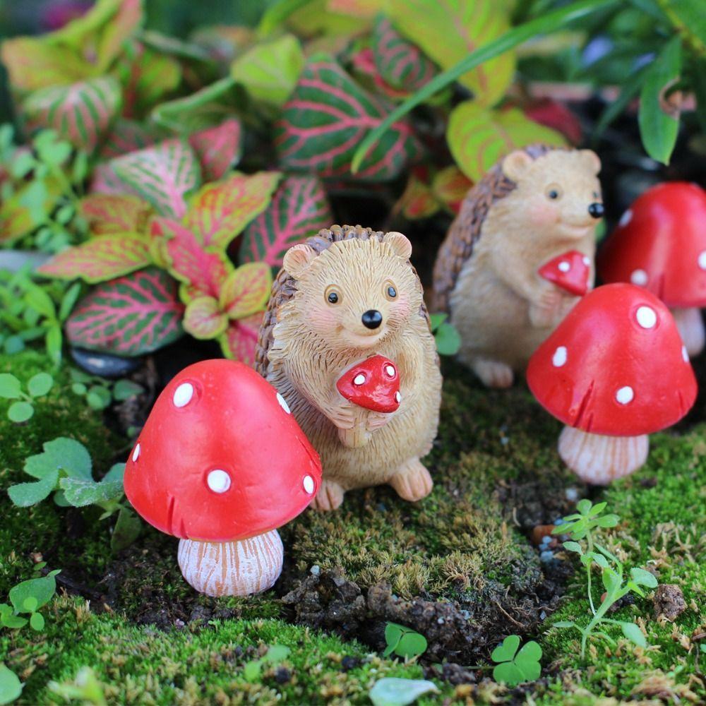 7pcs Cartoon Animal Sculpture Resin Garden Miniatures Figurine Hedgehog Mushroom Statue  Outdoor