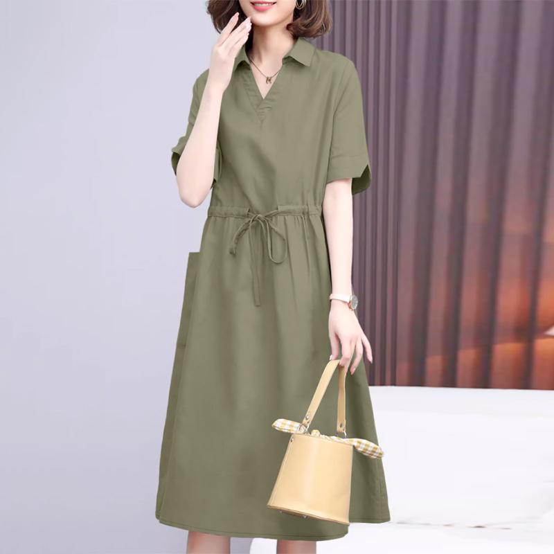 ZANZEA Women Casual Turn Down Collar Loose Short Sleeve Drawstring Dress