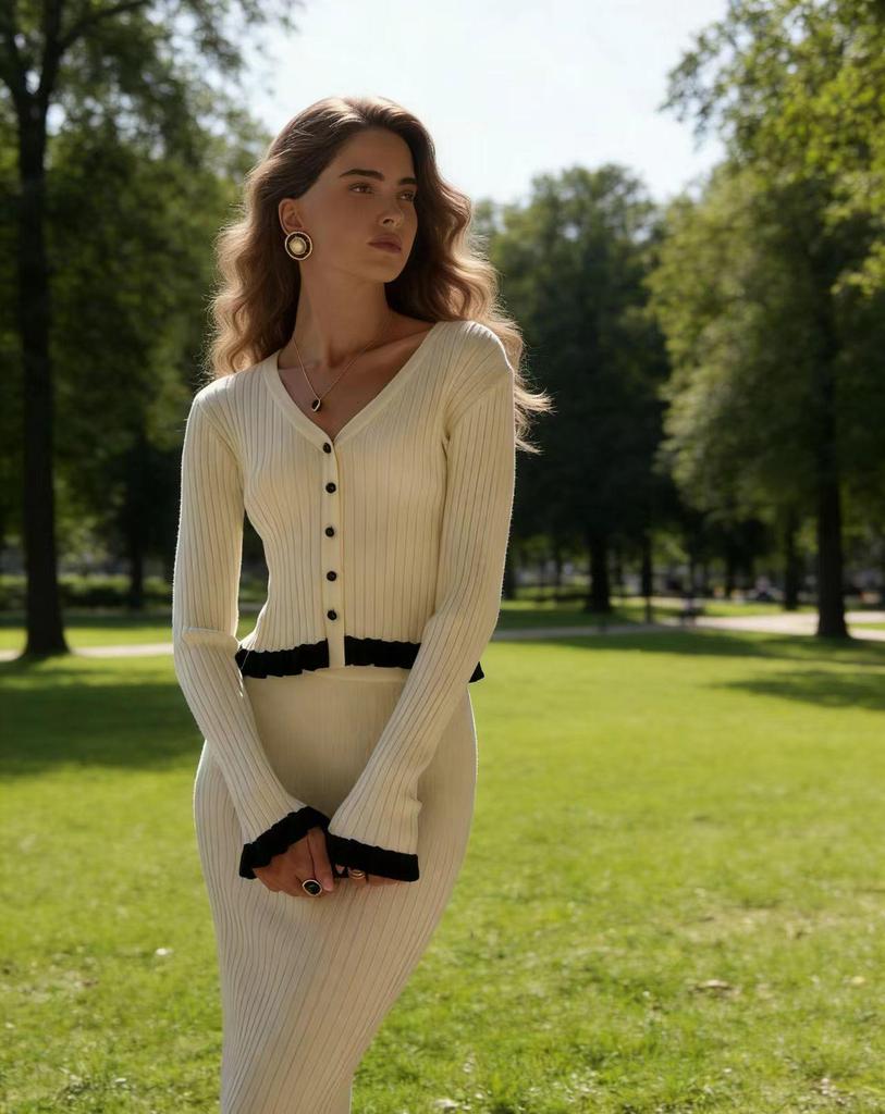 European Chic Autumn/Winter Women's Knit Cardigan & Skirt Set with Elegant French Ruffles