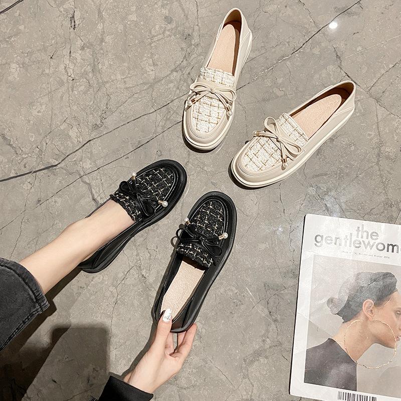 Kleine Lederschuhe Damenstil neue Slipper flache Schleife einzelne Schuhe große Größe 41-43