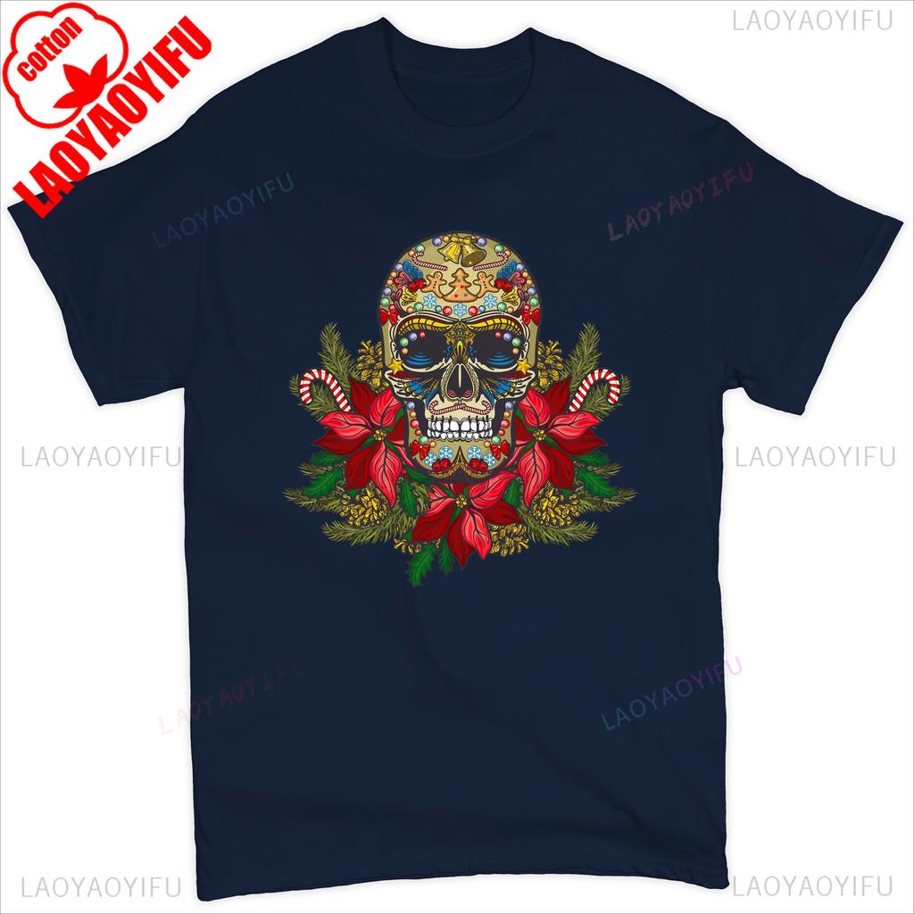 Christmas Calavera Tshirt Sugar Skull Holiday Spirit Mistletoe Mens Tee Retro Breathable Top Skeleton and Flower Pattern Shirt