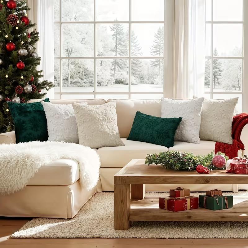 17.72×17.72 Inch Christmas Pillow Cover 3DEmbroidered Plush Cushion Case Zipper SnowflakeSnowman Tree Pattern for Sofa Bed Decor