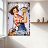 Vintage Fishing Pin-Up Metal Tin Sign, Weathered Rusty Border, Retro Woman Fishing Decor with 'FISHING' Text for Man Cave Bar Ho