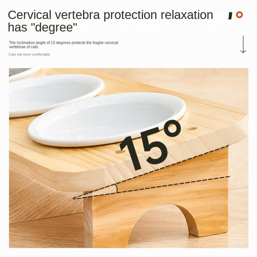 Protect Cervical Spine Elevated Pet Feeder with Wood Stand Tilted Cat Dish Ceramic Cats Bowl  Water