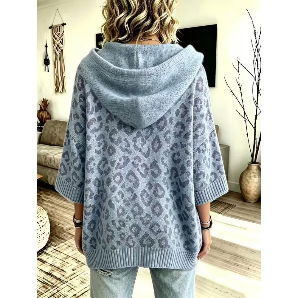 Leopard Print Hooded Sweater Women Drawstring Knit Pullover Hoodie Loose Knitted Outerwear Casual Oversized Sweatshirt Top