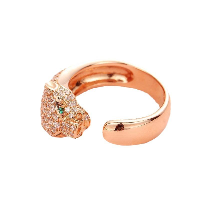 Rose Gold Plated Purple Fashion Full Leopard Head Ring Men'S And Women'S High-End Open Ring