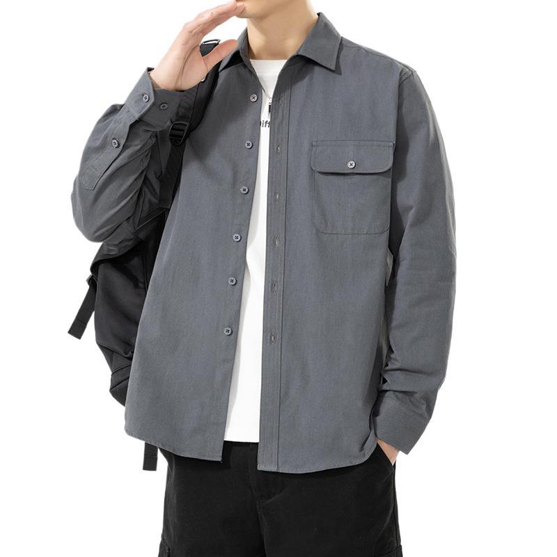 Pure Cotton Long-sleeved Shirt Men's Spring Pocket Solid Color Long-sleeved Shirt Casual Shirt Jacket
