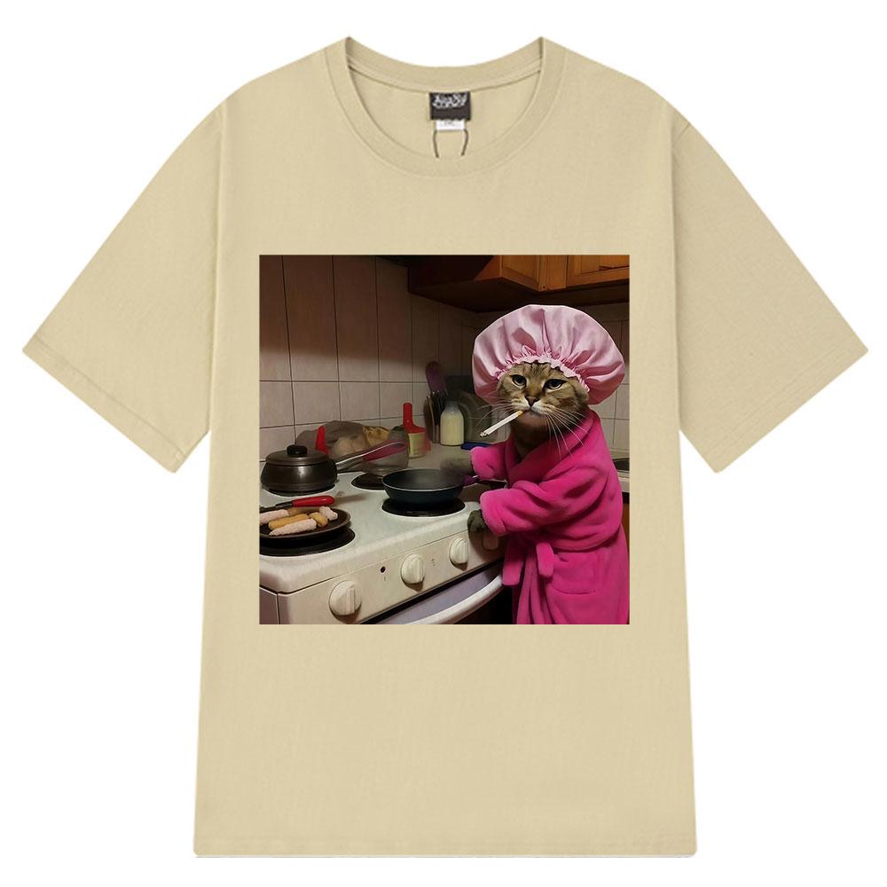 Fun Housewife Cat Meme Tshirt Retro Top for Men and Women Fashionable Harajuku Summer Print 100 Pure Cotton Tshirt
