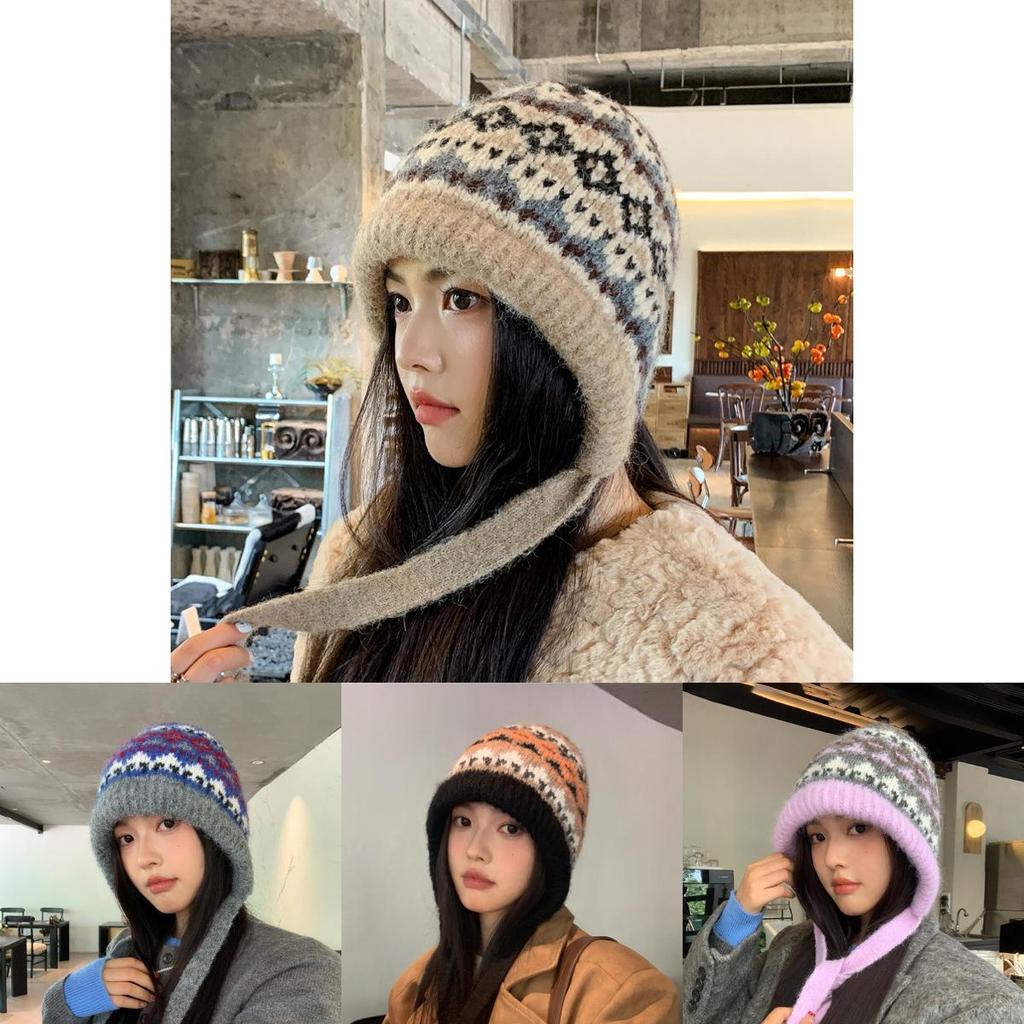 Retro Colorblock Beanie Hat For Women Winter Warmth And Earmuff Protection