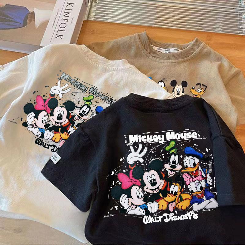 Kids Mickey & Friends Cartoon Print Short Sleeve T-Shirt, Front Mini Character Back Big Group Graphic Crew Neck Cotton Tee 3 Colors