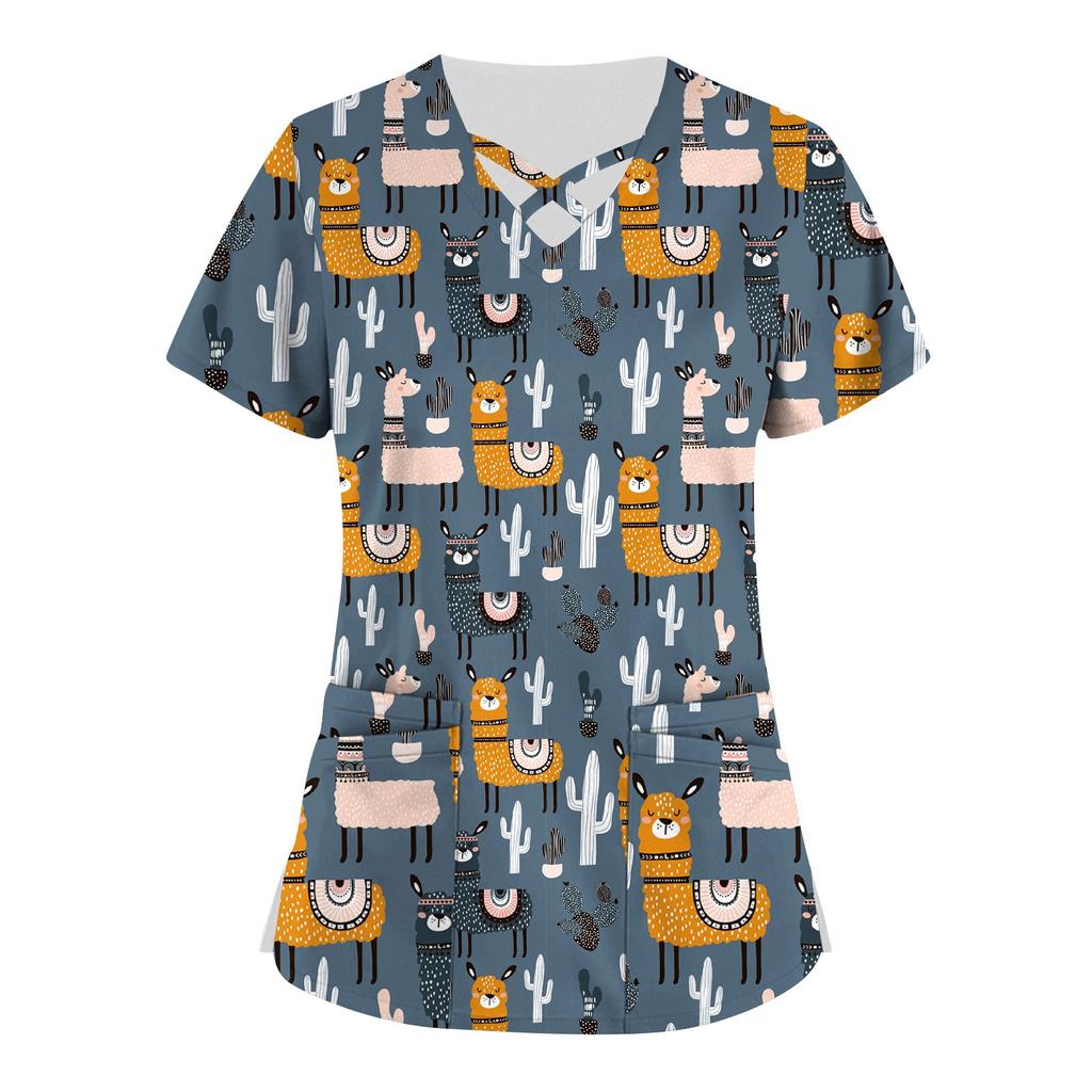 Plus Size Söt tryckt Scrub Arbetsuniform Toppar För Kvinnor Kors V-ringad Kortärmad Roliga T-shirts Arbetskläder T-shirt med fickor
