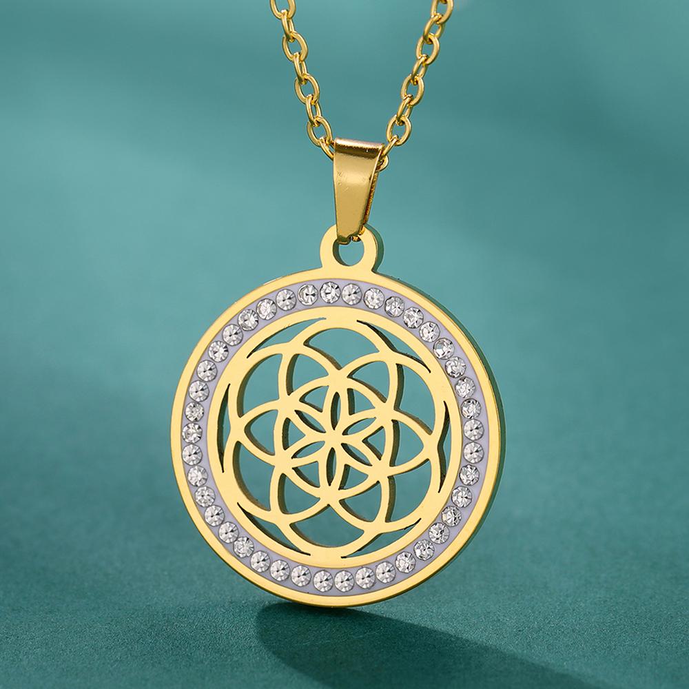 LIKGREAT Flower of Life Round Pendant Necklaces Stainless Steel Fashion Hollow Mandala Chakra Choker Jewelry Gifts for Women Men