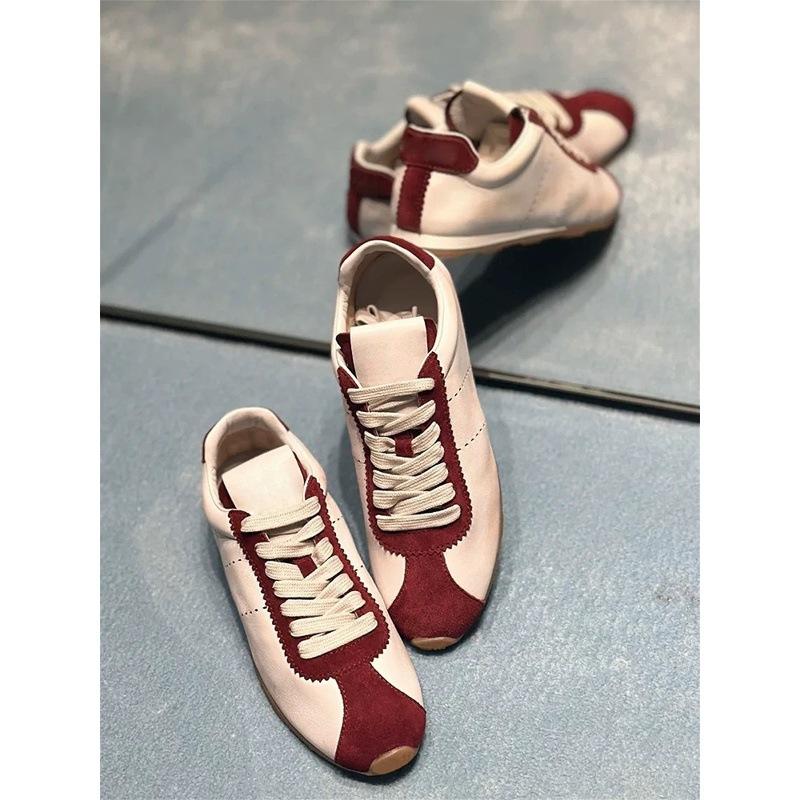 Cowhide version~ miu's retro color matching genuine leather German training shoes women's flat casual sports shoes lightweight and versatile Forrest