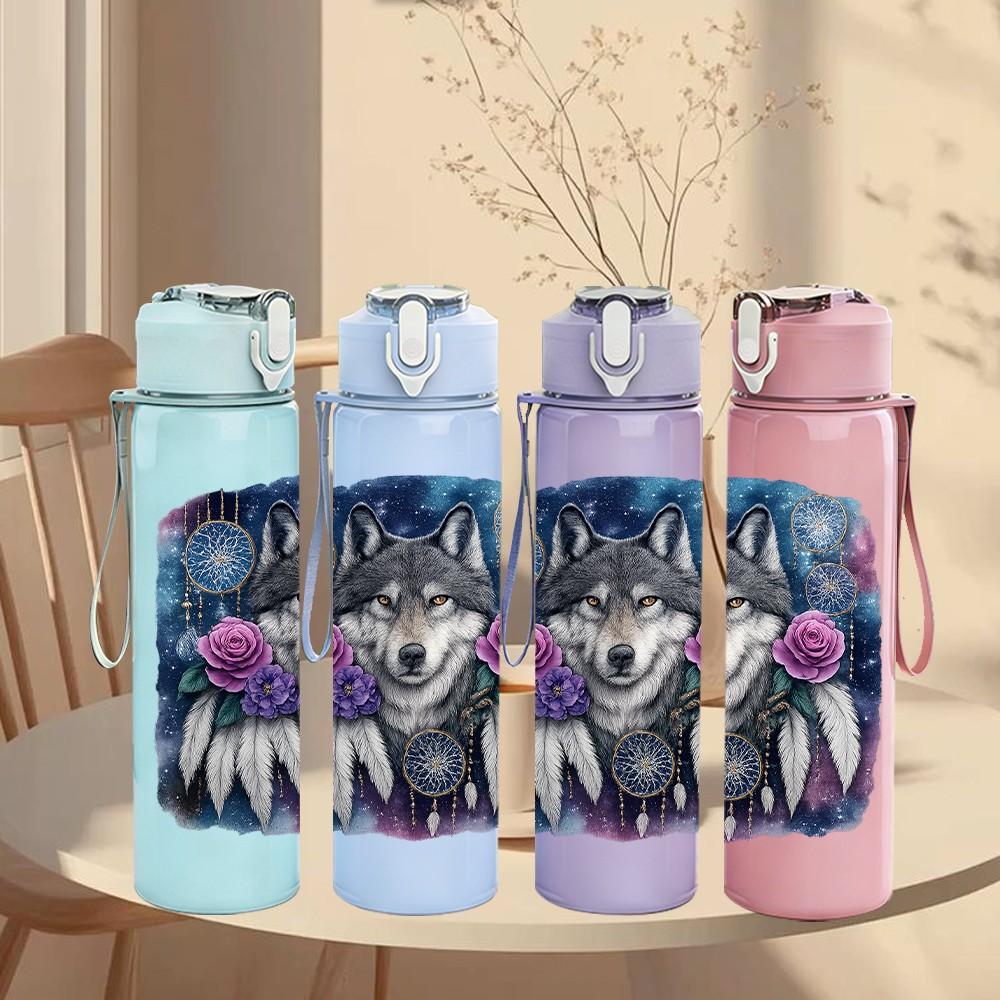 1pz Corona Floreale Lupo Ritratto Oscuro 750ml Plastica Colorata Borraccia Sportiva Tappo a Vite Anti-perdita con Cannuccia Pieghevole Adatta per Sport Ufficio Uso Domestico
