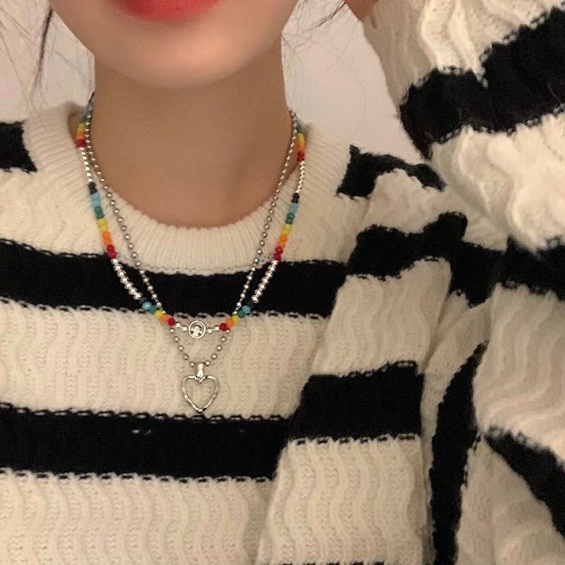 Color Beaded Love Flower Zircon Necklace Female Sweet Cool Hot Girl Wind Collarbone Chain Niche Design Accessories