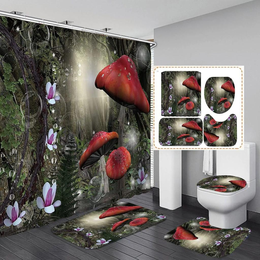 Fantasy Forest Fabric Shower Curtain Set Night Mysterious Jungle Full Moon Lake Vine Mushroom Butterfly Fairy Tale Bathroom Set
