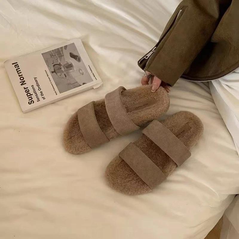 Fashion Women's Cozy Double Strap Warm Indoor Fashion Furry Fur Slippers Outdoor Indoor Female Slides Sandals Winter Ladies Flats Shoes