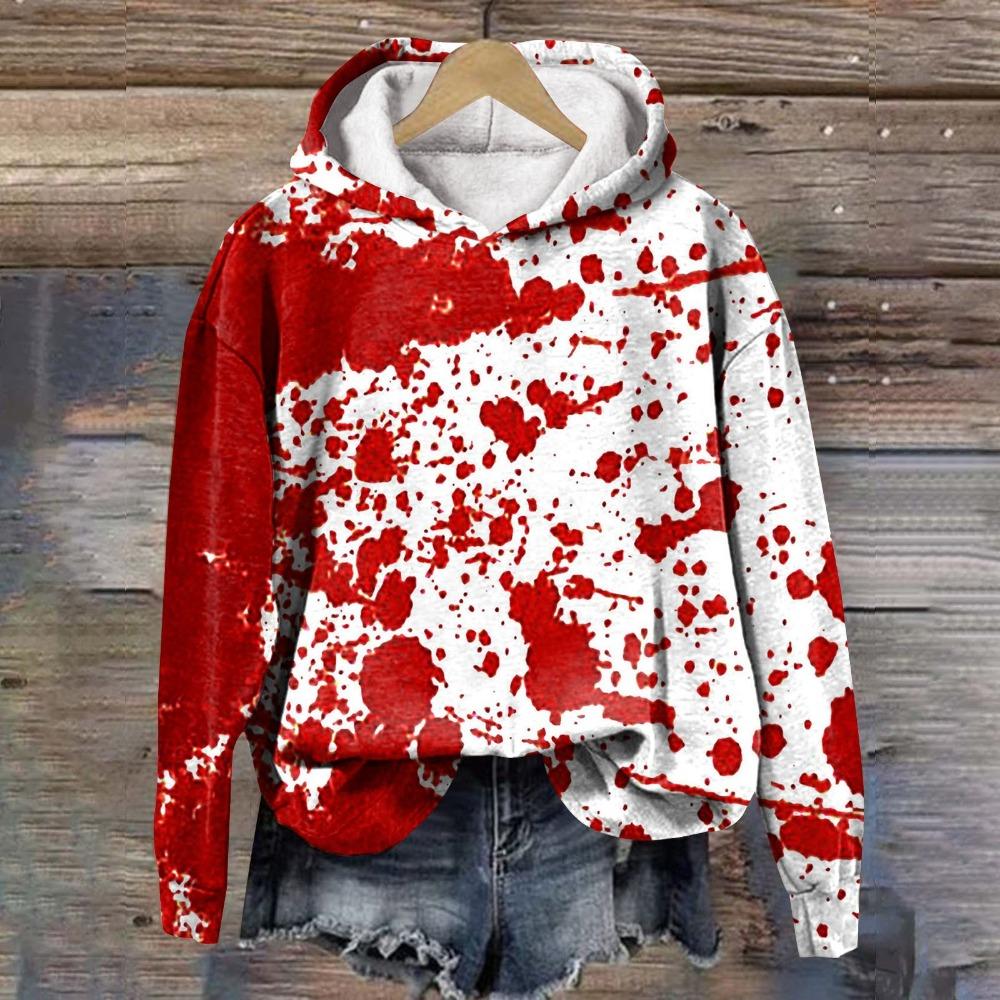 Halloween Women Blood Printing Sweatshirts Long Sleeve Casual Hoodies Drawstring Oversized Hooded Pullover Moletom Femininos