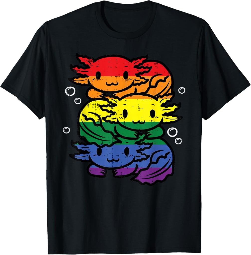 Gay Pride Axolotl Pile Cute Rainbow Flag LGBT Men Women Kids T-Shirt
