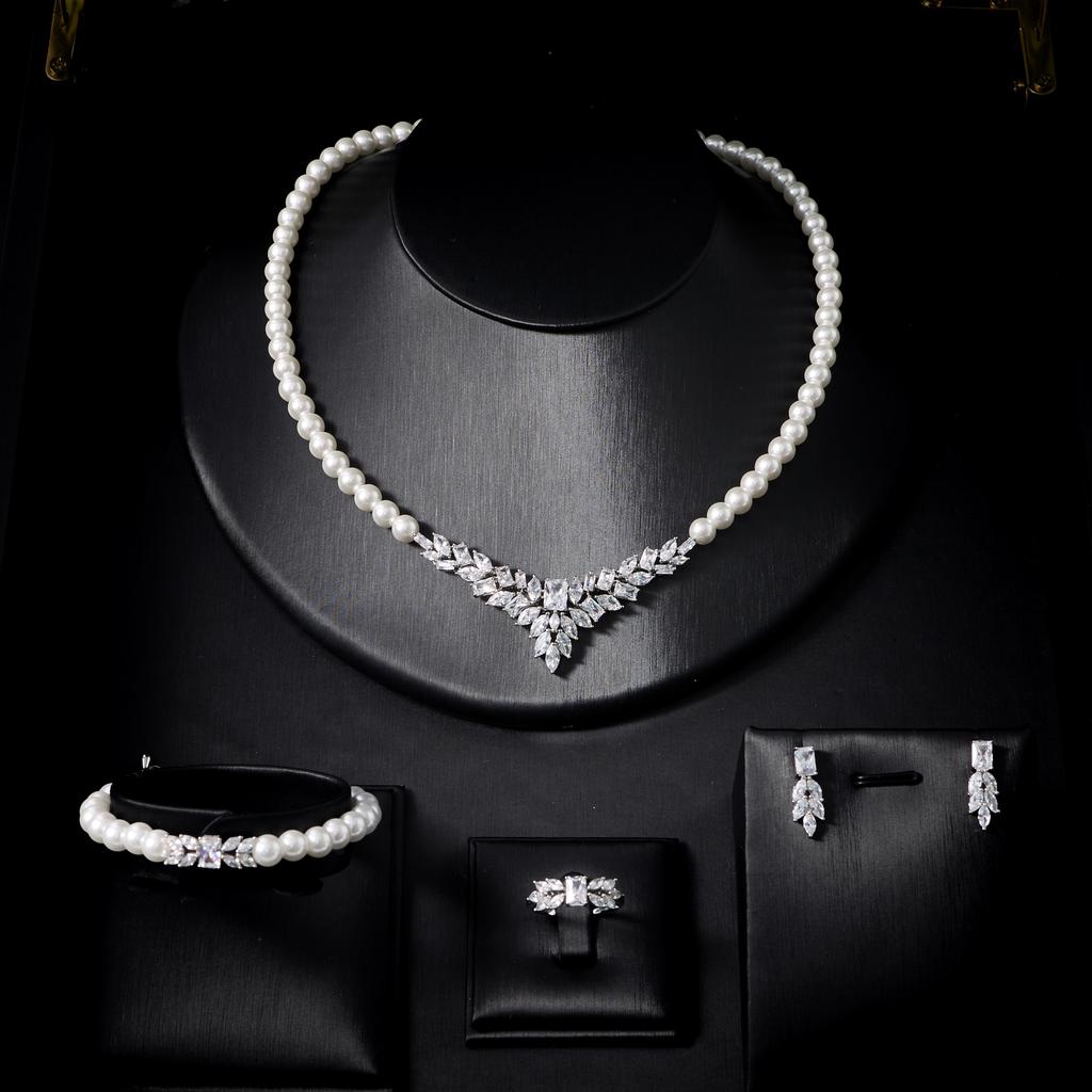017068  Handmade Pearls CZ Necklace Design Set Wedding Elegant Cubic Zircon Jewelry Full Sets Dubai Gold Plated