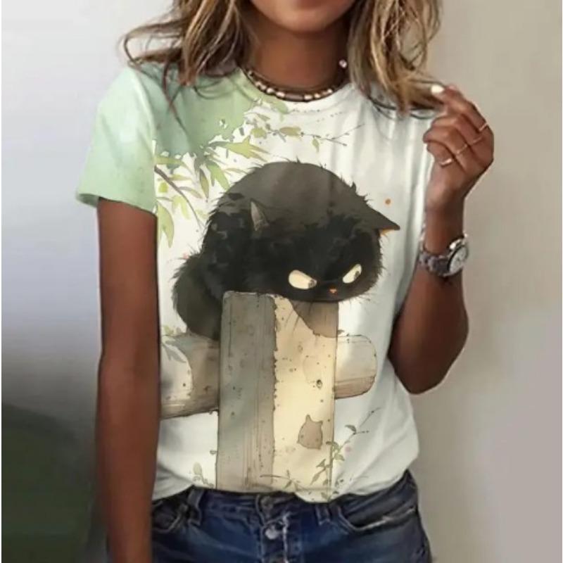 Funny Cute Cat Cartoon Printed Short Sleeved T-shirt Fashionable Loose Top T-Shirts Women’s