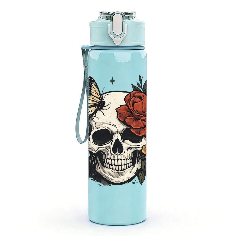1PC Skull With Red Rose Floral Tattoo Print 750ml Color Plastic Sports Water Bottle Leakproof Flip Straw Lid Suitable for Sports Office Home Use