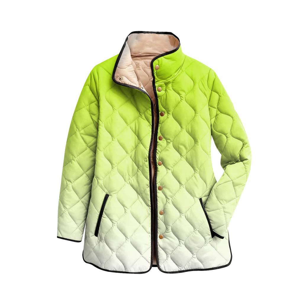 Ladies' Gradient Printed Stand Up Collar Pleated Cotton Long Sleeved Buttoned Cotton Jacket