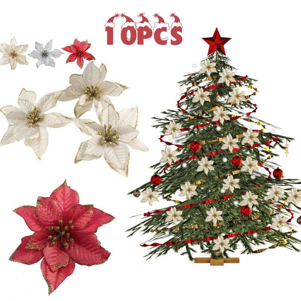 10 Pcs Simulation Christmas Flowers 3 Layer Christmas Tree Wreath Decoration Pendant For Home Garden Decor Gold Silver Red