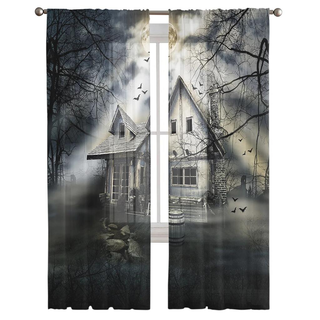 Woods Moon Bat Spökhus Moderna Tyllgardiner för Vardagsrum Sovrum Hem Kök Fönster Skira Gardiner