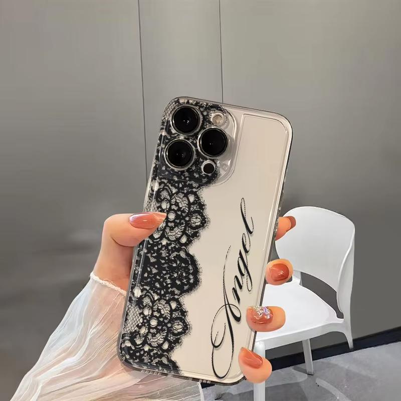 Black Lace Transparent Phone Case for iPhone 17 16 15 14 13 12 11 Pro Max XR 14 Plus 17E 16E Air Screen Protector Soft Cover