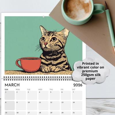 2026 Calendar Hangable Cat Chilling with Coffee Design Family Planner Schedule Organizer Home Office Decor Present Wall Calendar
