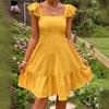 Square Neck Sleeveless Ruffled Summer A-line Dress Casual Pleated Backless Loose Party Bohemian Dresses Ladies Fashion Elegant Casual Sweet Clothing