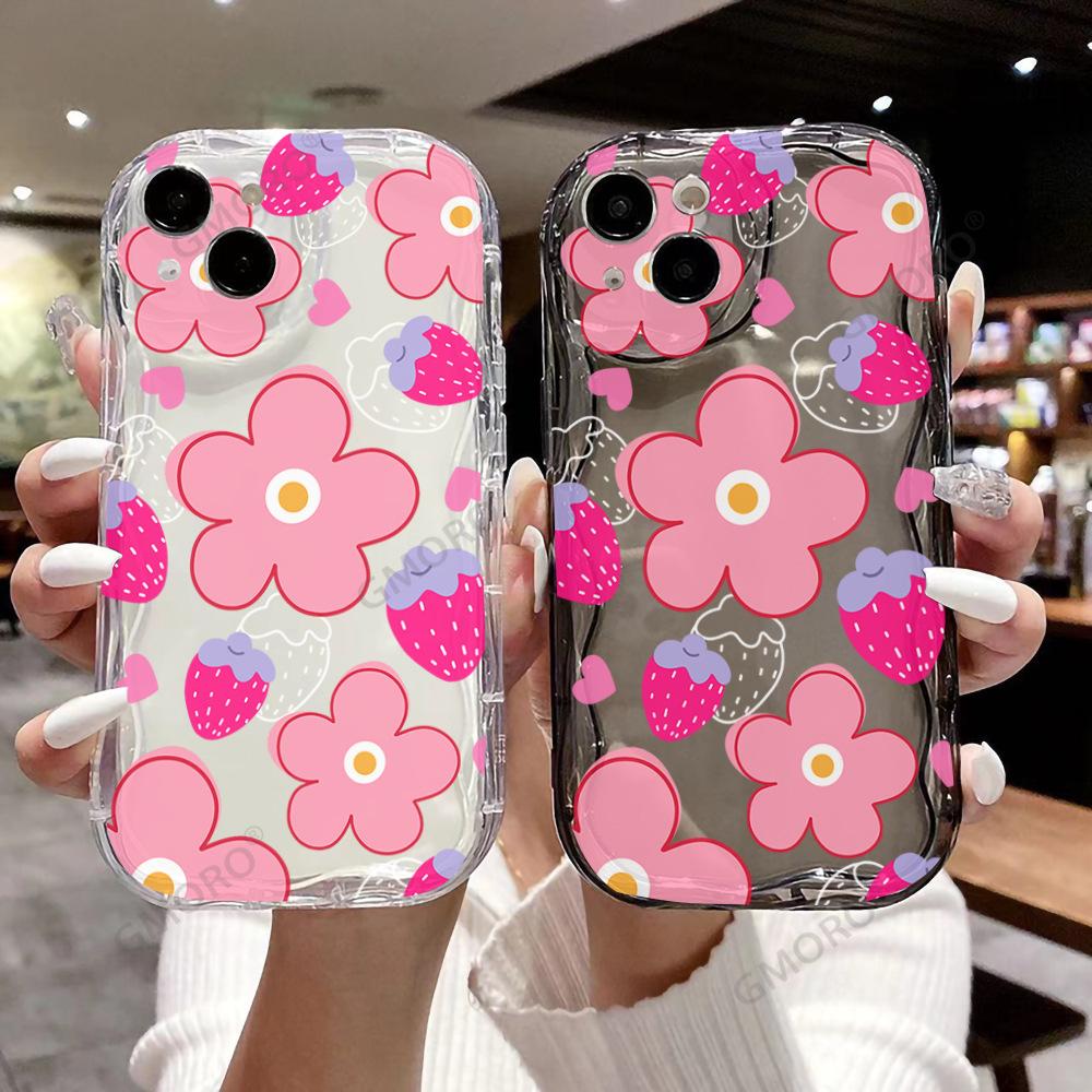 Pink Strawberry Flower Applies To Apple 17promax Mobile Phone Case Iphone15 Airbag 14P Anti-drop Protective Case