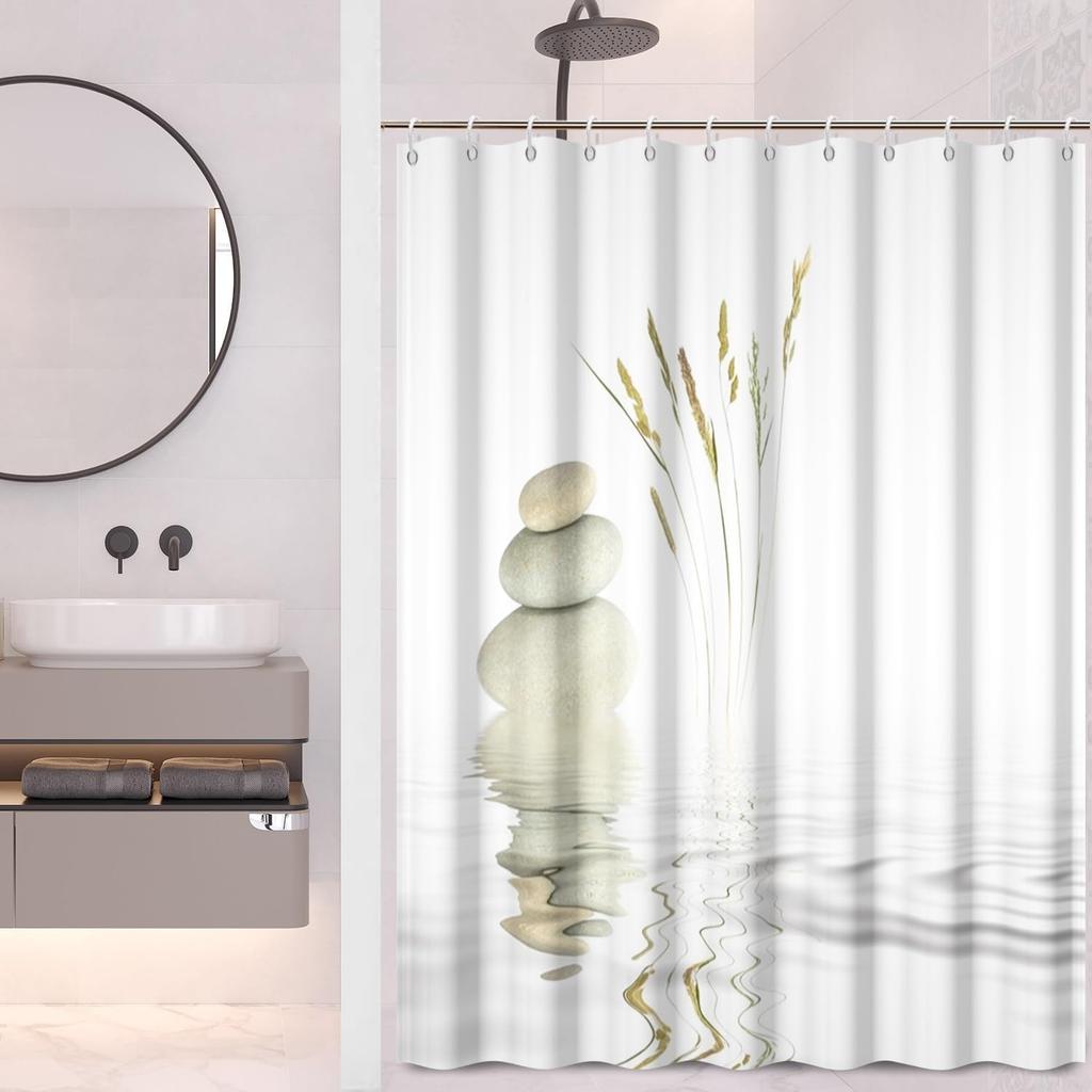 Neformální sprchový závěs Zen Spa Vyvážený kámen Divoká tráva Odraz ve vodě Meditační zátiší Umělecký design Koupelnový závěs