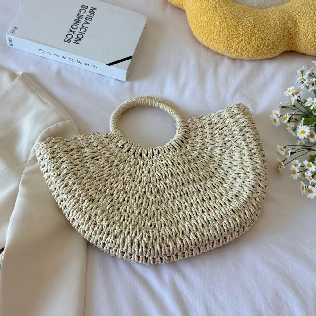 Stylish Handmade Straw Bag, Solid Color Large Retro Beach Portable Tote Bag for Women