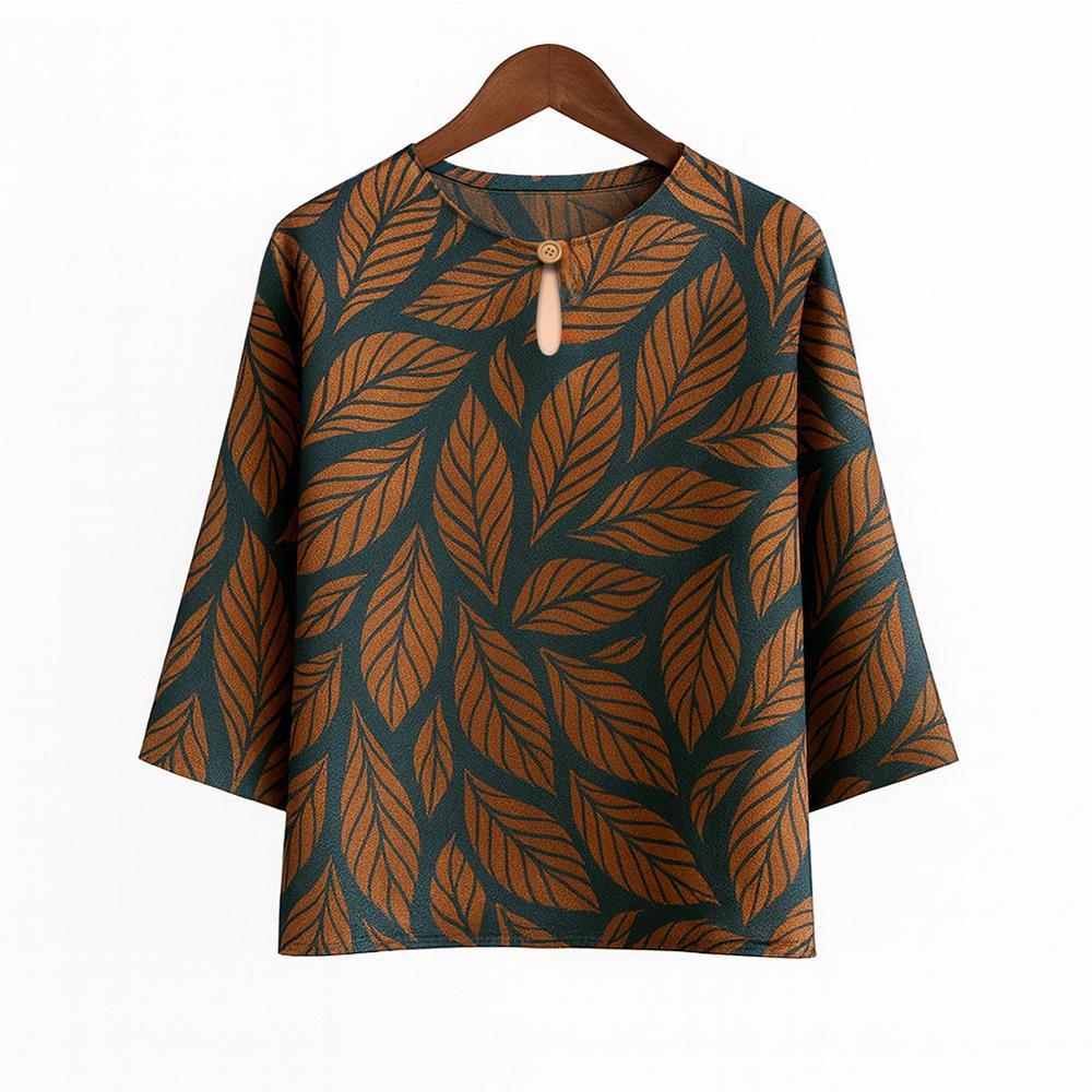Винтажная повседневная блузка, для женщин, эластичный лен, цветочный принт, круглый вырез, рукава три четверти, элегантный свободный топ S