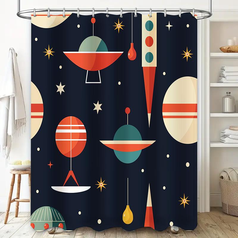 Space-themed Retro Shower Curtain with Colorful Geometric Shapes Perfect for Bathroom Decor