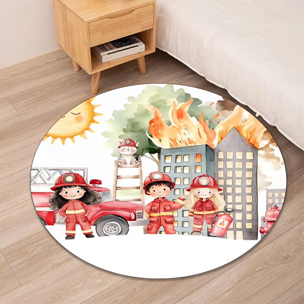 firefighters Printed Round Rug Carpet Chair Rug Area Rug Entryway Doormats,for Office Chair Living Room Bedroom Kitchen Room.