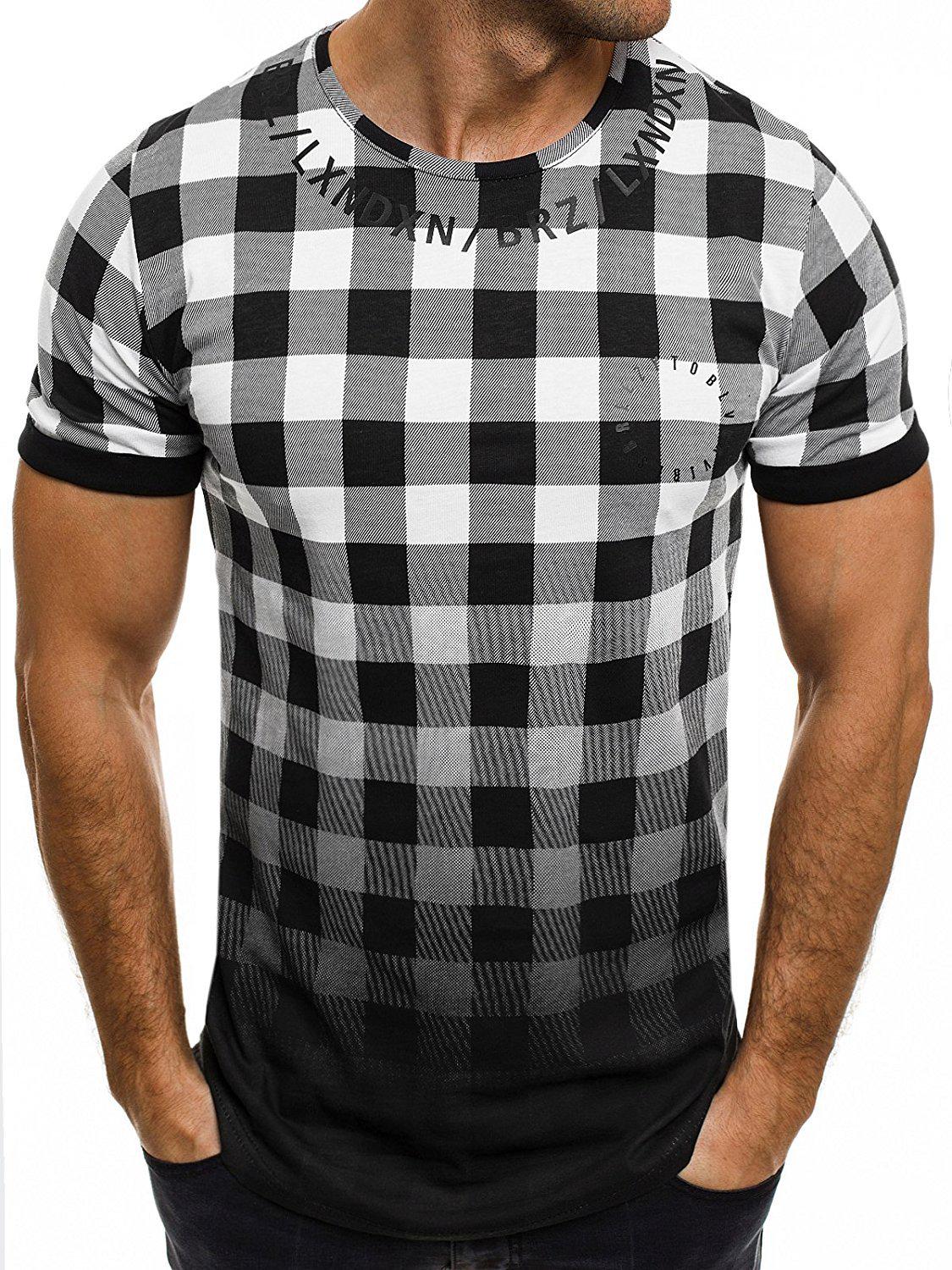 Men s Fashion Short-Sleeve Plaid & Gradient T-Shirt L белый