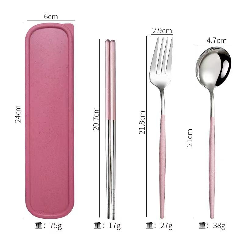 Stainless steel tableware, convenient student spoon, fork, chopstick three-piece set, travel storage set