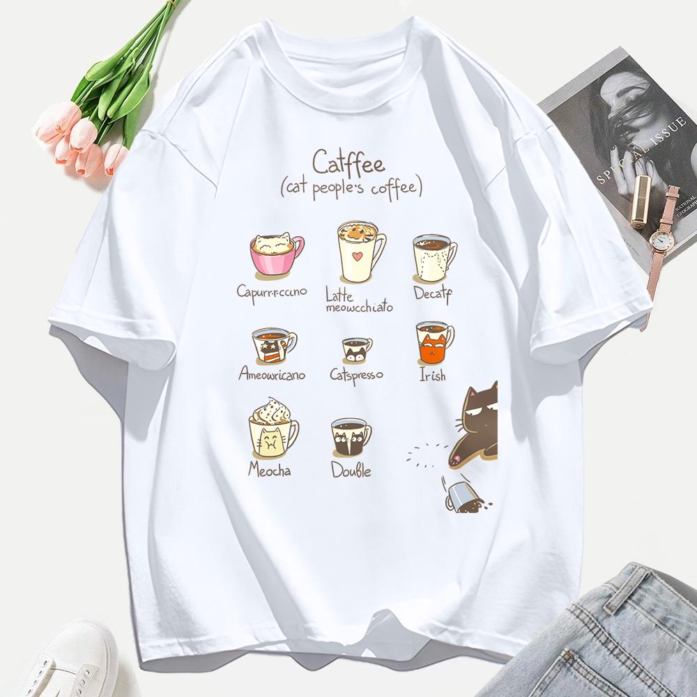Cat People'S Coffee Illustration Printing T-Shirt Woman Summer Cotton T Shirts Y2K Soft Comfortable Top Unisex Hip Hop Clothes