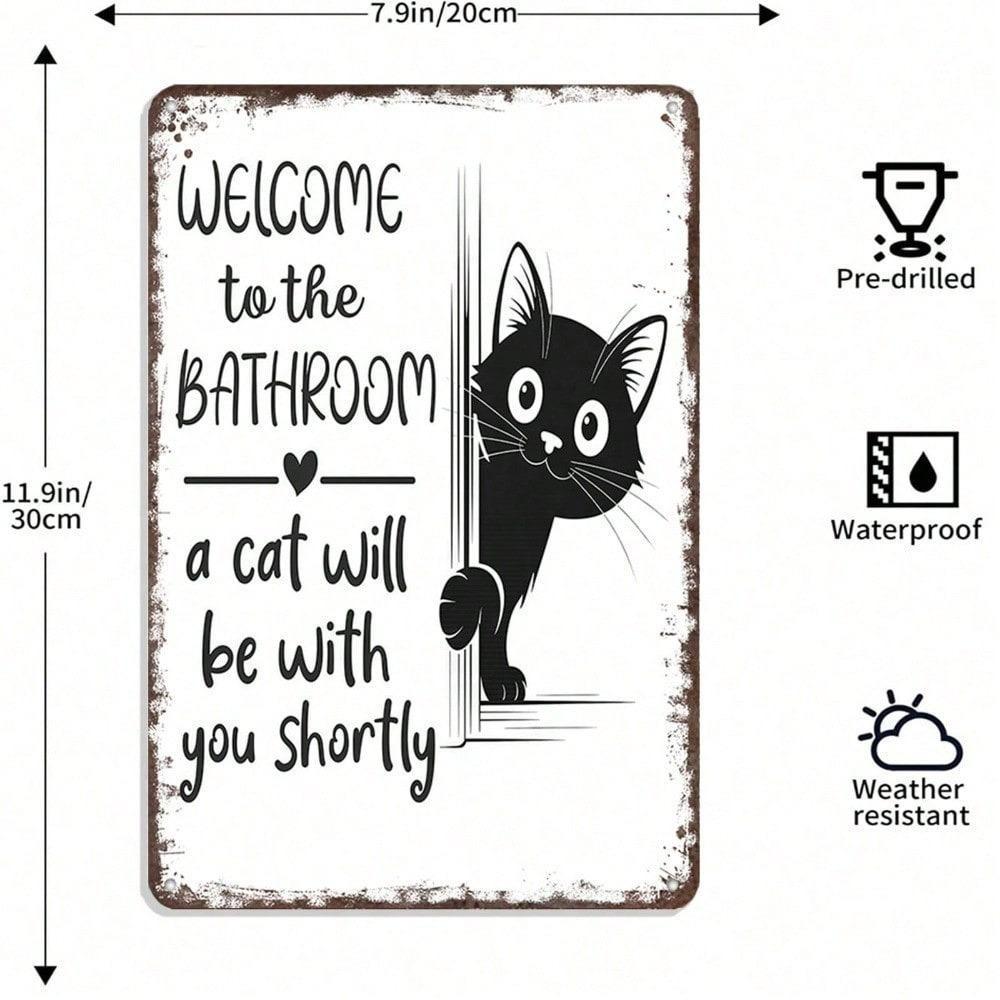 Vintage Funny Cat Metal Welcome Sign Retro Bathroom Wall Decor